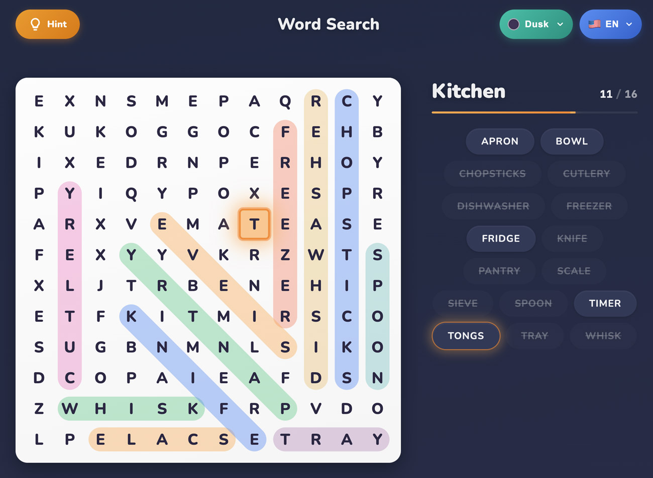 A word search grid with a hint highlighting a word